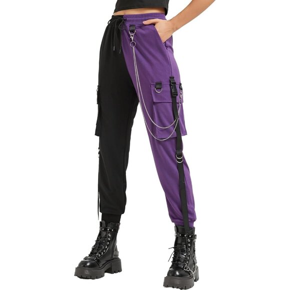 Women Black Purple Loose Street Rock Style Casual Black Pants with Chain